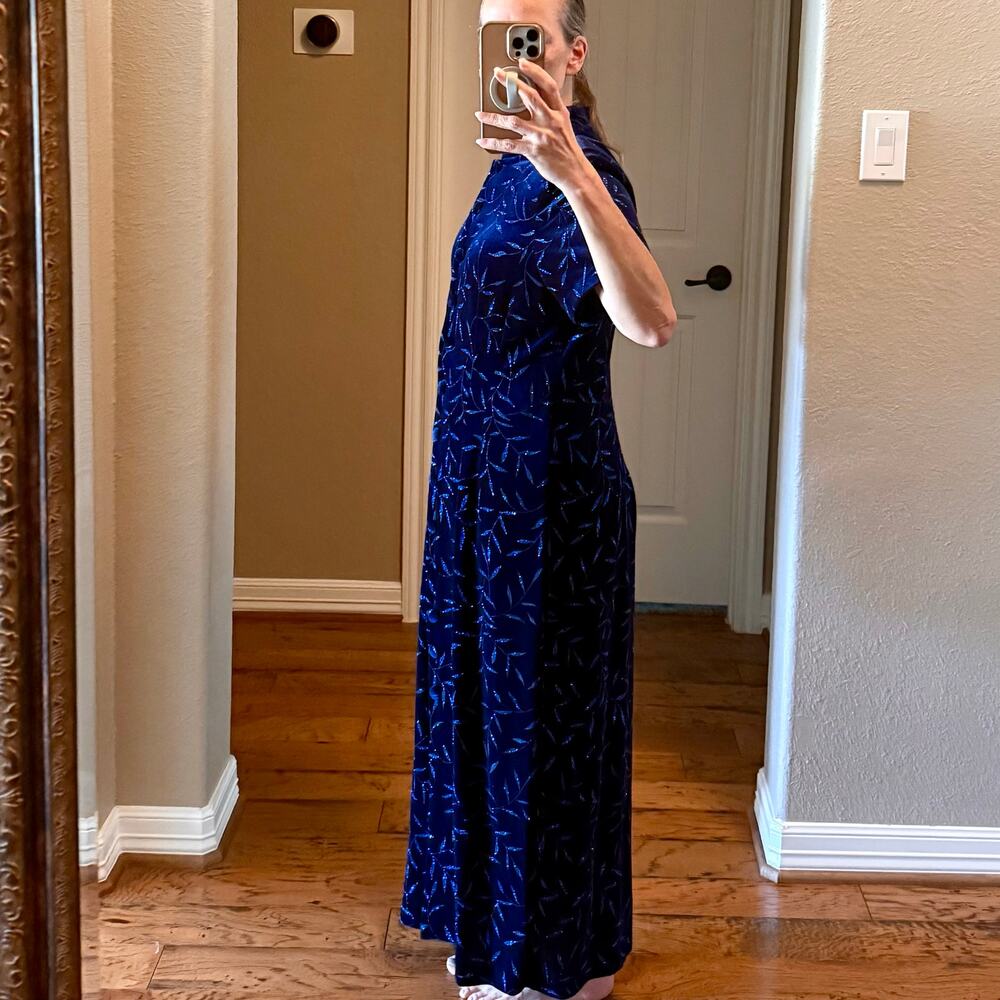 Another Thyme Blue Velvet Maxi Dress Glitter Leaf Pattern Vintage 18 Large 8 -10 - Picture 11 of 13